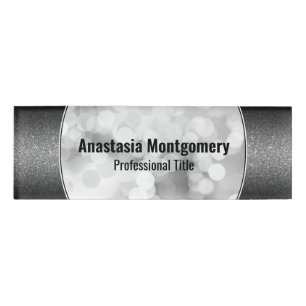 Elegant Black Glitter White Bokeh Black Text Name Tag