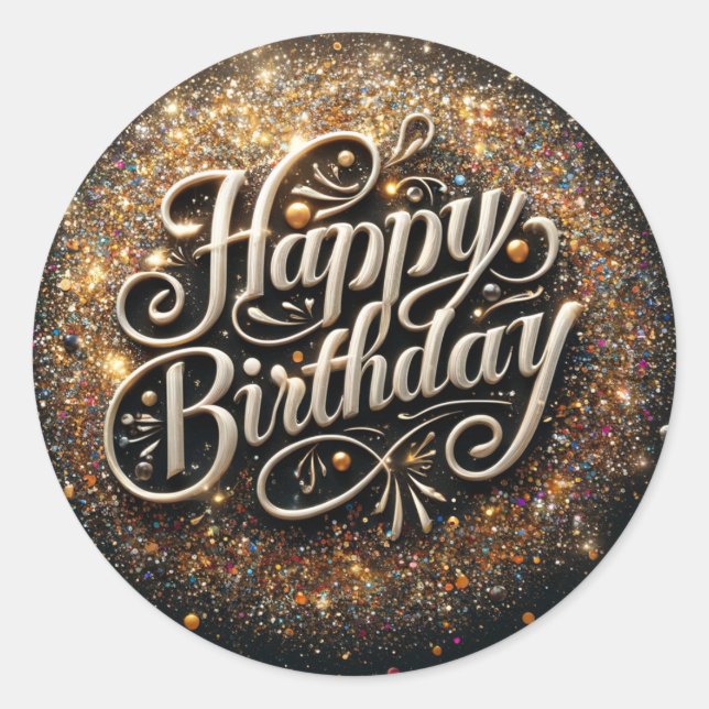 Elegant Black Glittre Birthday sticker (Front)