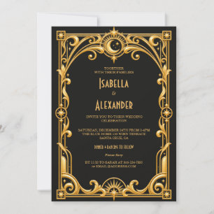Elegant Black Gold 1920s Art Deco Wedding  Invitation