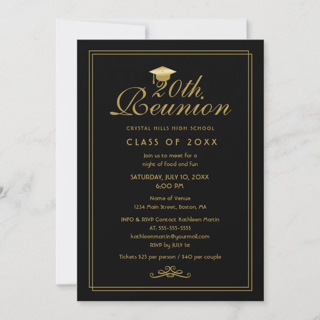Elegant Black Gold 20th Class Reunion Invitation (Front)