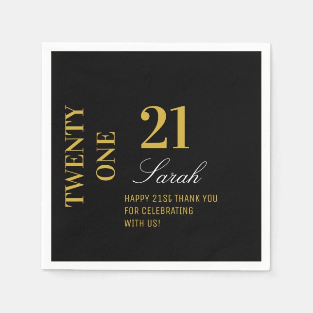 Elegant Black & Gold 21st Birthday Party Cocktail  Napkin (Front)