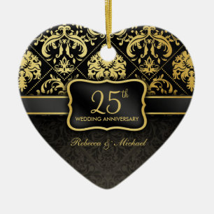 Elegant Black & Gold 25th Wedding Anniversary Ceramic Ornament