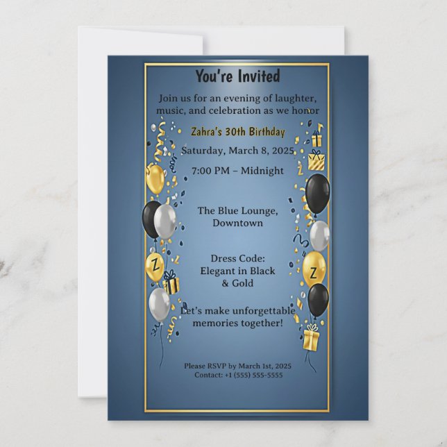 Elegant Black Gold 30th Birthday Party Invitation  (Devant)