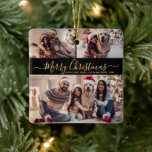 Elegant Black Gold 3 Photo Collage Christmas  Ceramic Ornament<br><div class="desc">Modern Simple Elegant Calligraphy Black and Gold 3 Photo Collage Merry Christmas Script Ceramic Ornament. This festive, minimalist, whimsical three photo holiday Ornament features a pretty grid photo collage and says „Merry Christmas”! The „Merry Christmas” text is written in a hand lettered swirly swash-tail font script in gold on black...</div>