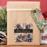Elegant Black Gold 3 Photo Collage Christmas  Square Sticker<br><div class="desc">Modern Simple Elegant Calligraphy Black and Gold 3 Photo Collage Merry Christmas Script Holiday Gift Square Sticker. This festive,  minimalist,  sticker features a pretty grid photo collage and says „Merry Christmas”! which is written in a beautiful hand lettered swirly swash-tail font script in gold on black colour background.</div>