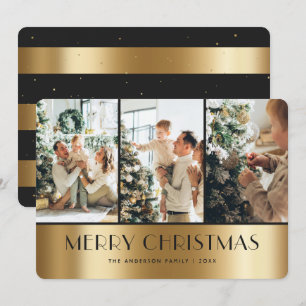 Elegant Black Gold 3 Photo Merry Christmas Card