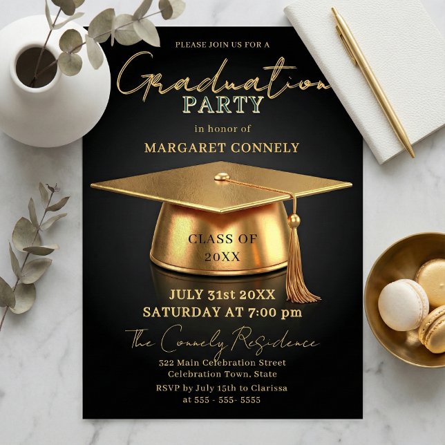 Elegant Black & Gold 3D Cap Graduation Party Invitation (Creator Uploaded)