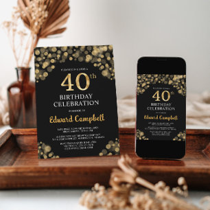 Elégant Black & Gold 40th Birthday Invitation