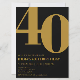 Elegant Black & Gold 40th Birthday Party  Invitation