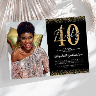 Elegant Black Gold 40th Birthday Photo Invitation
