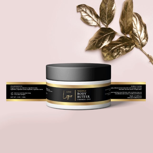Elegant Black & Gold 4 OZ 120ml Cosmetic Jar Label (Black and gold cosmetic jar wrap around label with space for your logo)