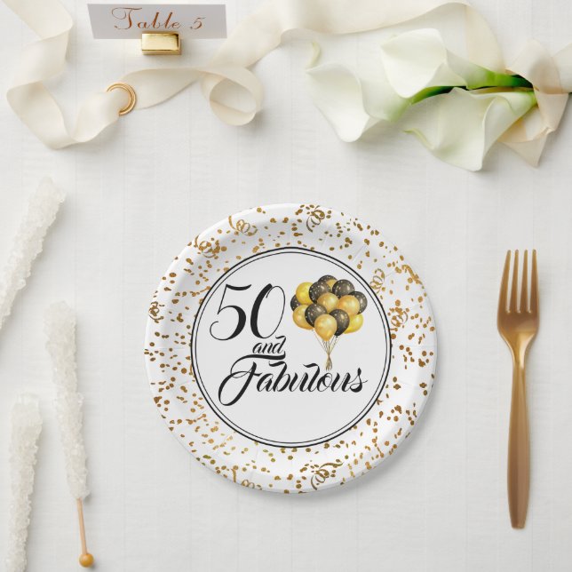 Elegant Black Gold 50 and Fabulous Birthday Paper Plate (Wedding)