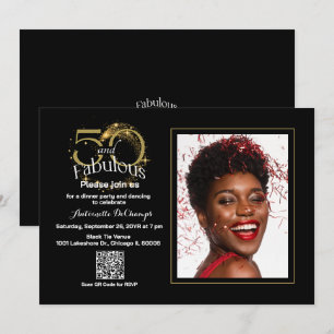 Elegant Black Gold 50 & Fabulous QR Code Birthday Invitation