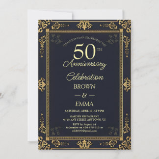 Elegant Black Gold 50th Anniversary Celebration In Invitation