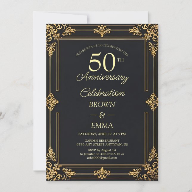 Elegant Black Gold 50th Anniversary Celebration In Invitation (Front)
