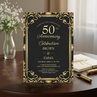 Elegant Black Gold 50th Anniversary Celebration In Invitation
