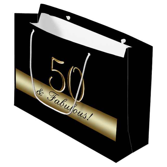 Elegant Black Gold 50th Birthday 50 and Fabulous Large Gift Bag (Front Angled)