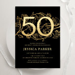 Elegant Black Gold 50th Birthday Invitation<br><div class="desc">Elegant black gold 50th birthday party invitation. Customizable modern feminine design featuring roses botanical accents and faux glitter gold. Simple floral invite card perfect for a stylish female bday celebration. Personalize with your own details. Printed Zazzle invitations or instant download digital printable template.</div>