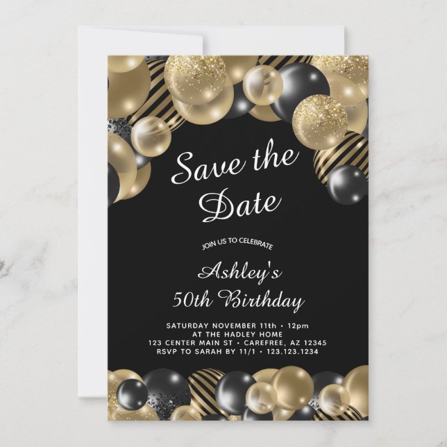 Elegant Black Gold 50th Birthday Save The Date (Front)