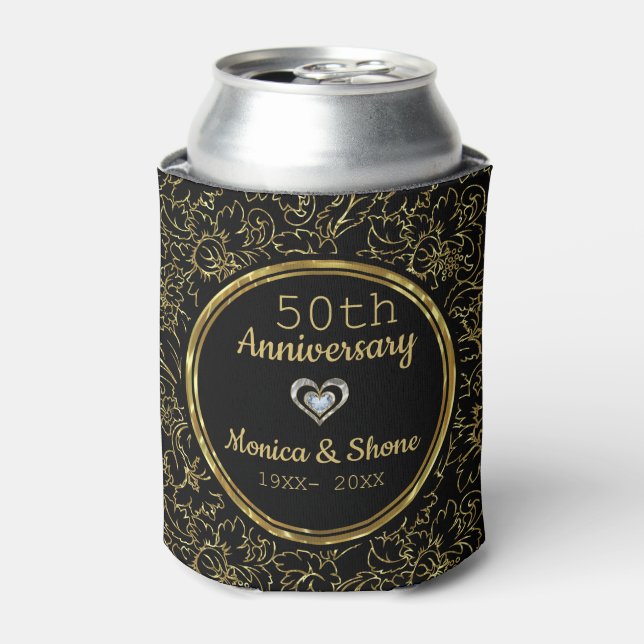 Elegant Black & Gold 50th Wedding Anniversary Can Cooler (Can Front)