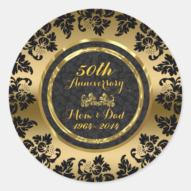 Elegant Black & Gold 50th Wedding Anniversary Classic Round Sticker (Front)