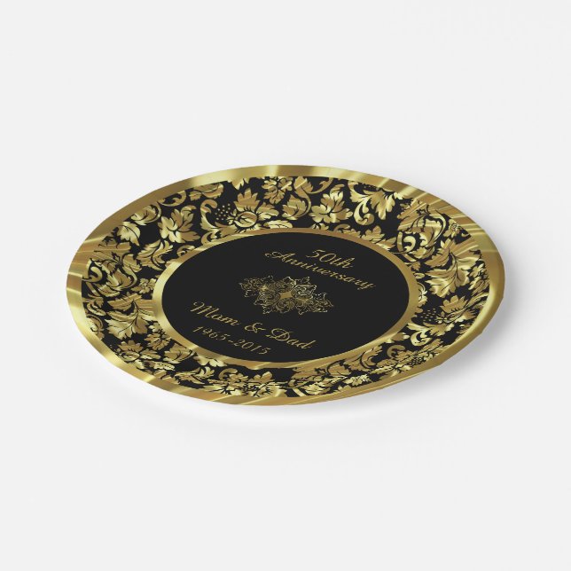 Elegant Black & Gold 50th Wedding Anniversary Paper Plate (Angled)