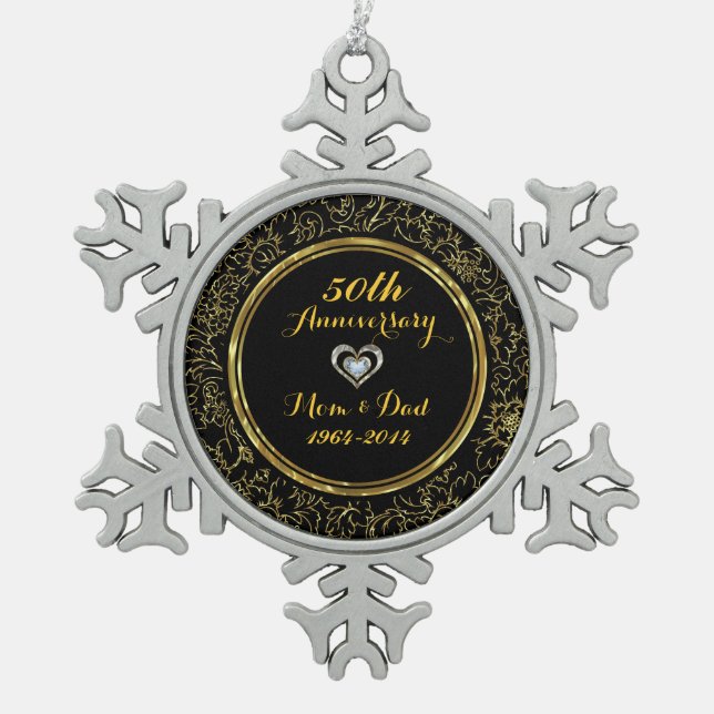 Elegant Black & Gold 50th Wedding Anniversary Snowflake Pewter Christmas Ornament (Front)