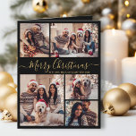 Elegant Black Gold 5 Photo Collage Christmas Card<br><div class="desc">Elegant Calligraphy Modern Simple Black and Gold 5 Photo Collage Merry Christmas Script Folded Holiday Card. This festive minimalist five (5) photo holiday greeting card template features a pretty grid photo collage and says „Merry Christmas”! The „Merry Christmas” greeting text is written in a beautiful hand lettered swirly whimsical swash-tail...</div>