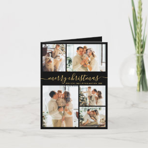Elegant Black Gold 5 Photo Collage Christmas  Holiday Card