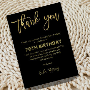Elegant Black Gold 70th Birthday Thank You Card