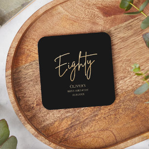 Elegant Black Gold 80th Birthday Party Square Paper Coaster