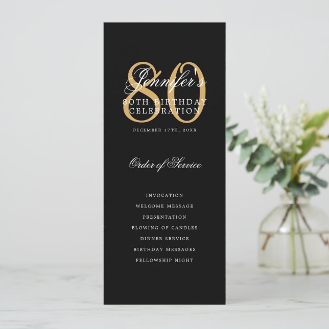 Elegant Black Gold 80th Birthday Program w/ Menu (Standing Front)