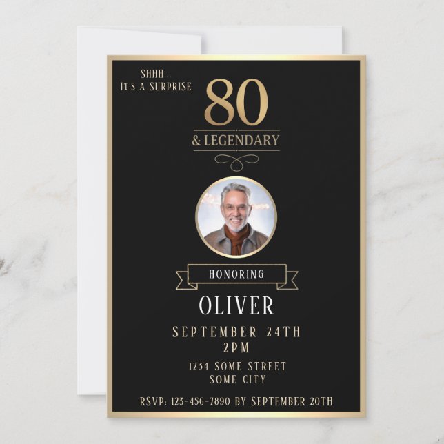 Elegant Black & Gold 80th & Legendary Birthday Invitation (Front)