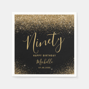 Elegant Black Gold 90th Birthday Glitter Name Napkin