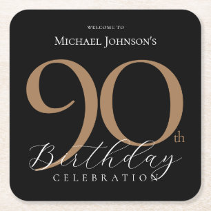 Elegant Black Gold 90th Birthday Party Square Paper Coaster