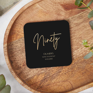 Elegant Black Gold 90th Birthday Party  Square Paper Coaster