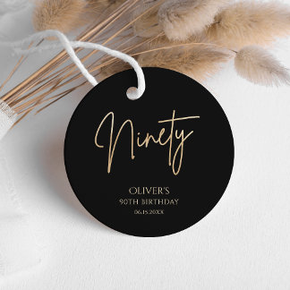 Elegant Black Gold 90th Birthday Round Favour Tags