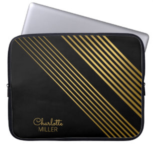 Elegant Black-Gold Abstract Lines and Custom Name Laptop Sleeve