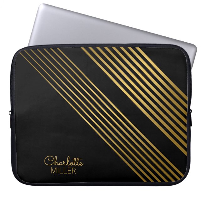 Elegant Black-Gold Abstract Lines and Custom Name Laptop Sleeve (Front)
