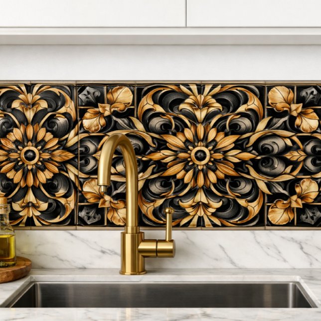 Elegant Black Gold Accent  Tile (“Art Deco gold tile brings 1920s elegance to modern kitchens bold symmetry, timeless luxury.”)