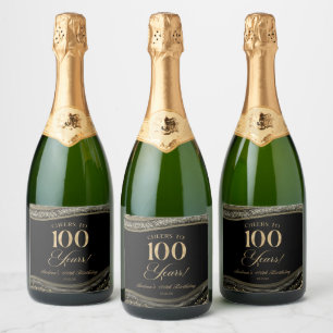 Elegant Black Gold Agate 100th Birthday Party Sparkling Wine Label