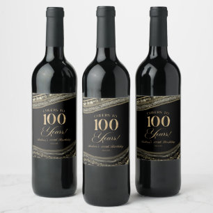 Elegant Black Gold Agate 100th Birthday Party Wine Label