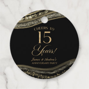 Elegant Black Gold Agate 15th Anniversary Party Favour Tags