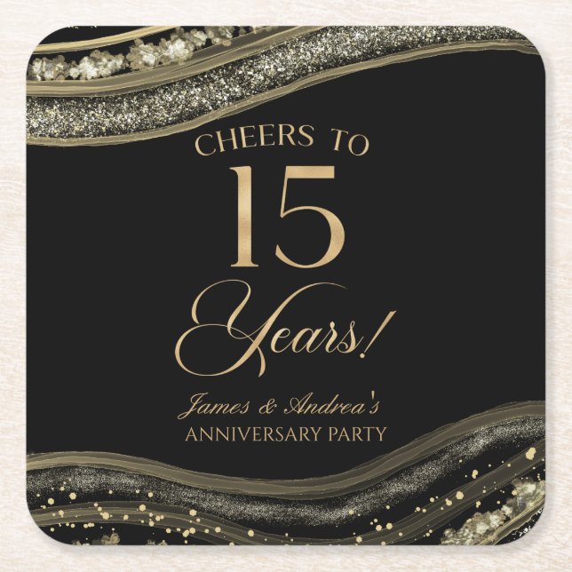 Elegant Black Gold Agate 15th Anniversary Party Square Paper Coaster (Front)
