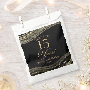 Elegant Black Gold Agate 15th Birthday Party Favour Bag