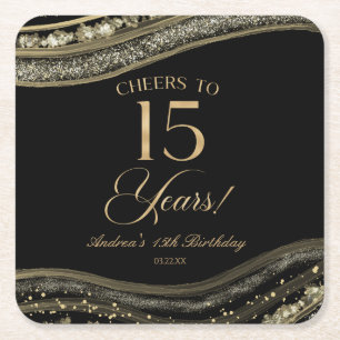 Elegant Black Gold Agate 15th Birthday Party Square Paper Coaster