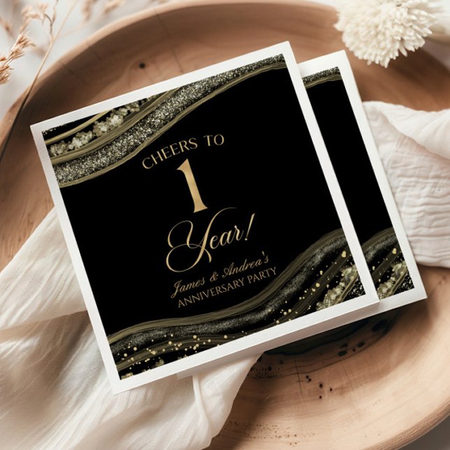 Elegant Black Gold Agate 1st Anniversary Party Napkin (Creator Uploaded)