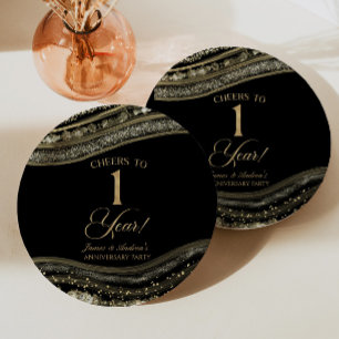 Elegant Black Gold Agate 1st Anniversary Party Paper Plate