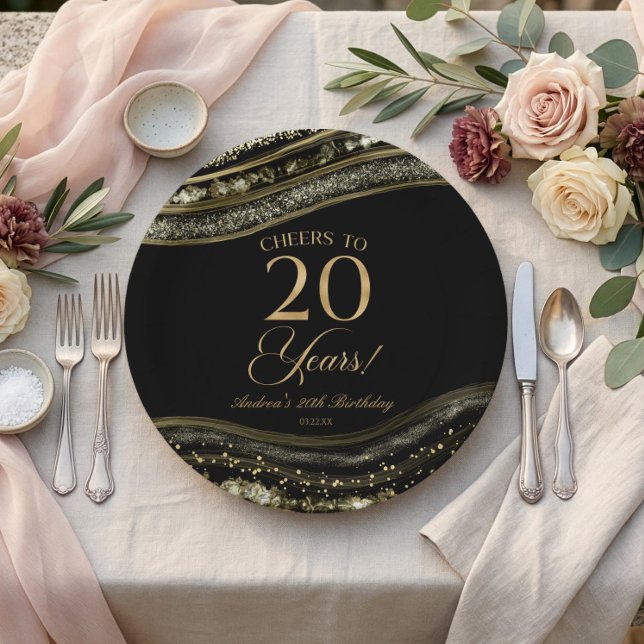 Elegant Black Gold Agate 20th Birthday Party Paper Plate (Creator Uploaded)