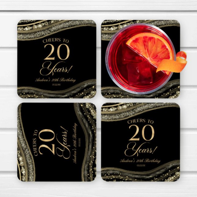 Elegant Black Gold Agate 20th Birthday Party Square Paper Coaster (Creator Uploaded)